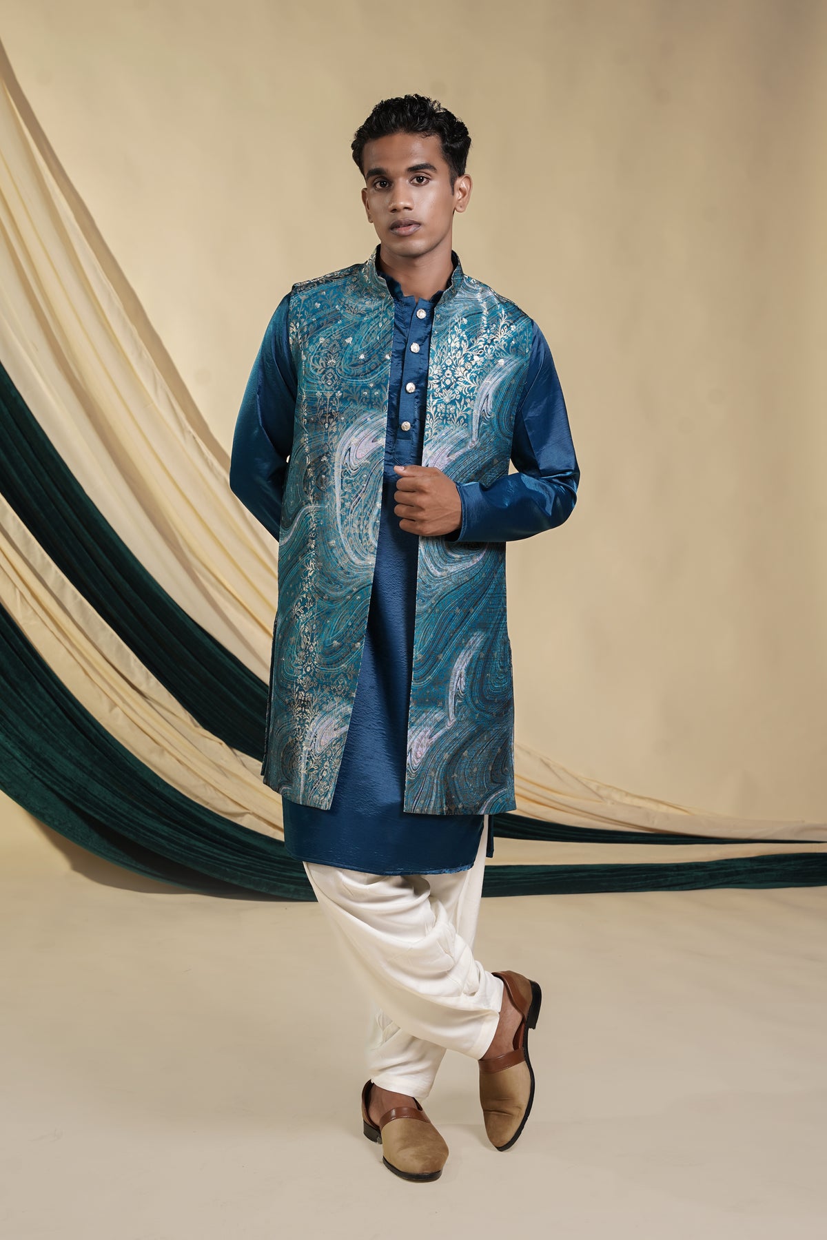 Rama Blue Jacquard Jacket With Kurta Set