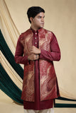 Maroon Jacquard Jacket With Kurta Set