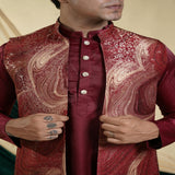 Maroon Jacquard Jacket With Kurta Set