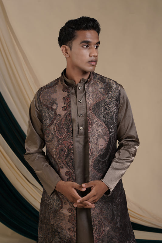 Brown Jacquard Jacket With Kurta Set