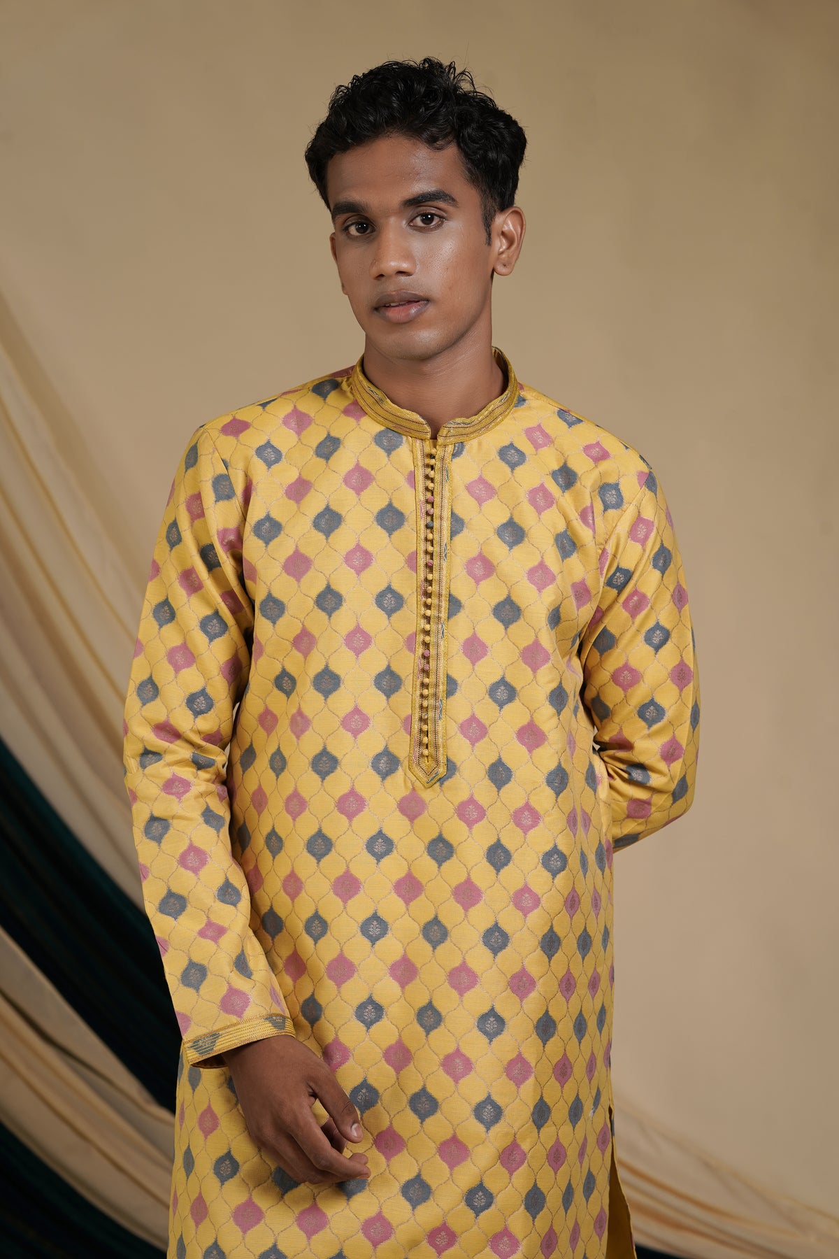 Mustard Jacquard With Butti Print Kurta Set