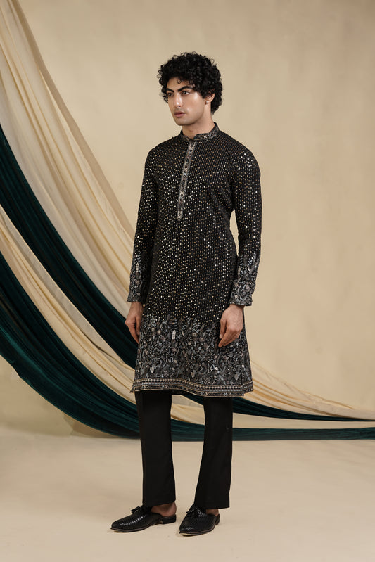 Black Georgette With Sequin And Multicolour Threadwork Embroidery Kurta Set