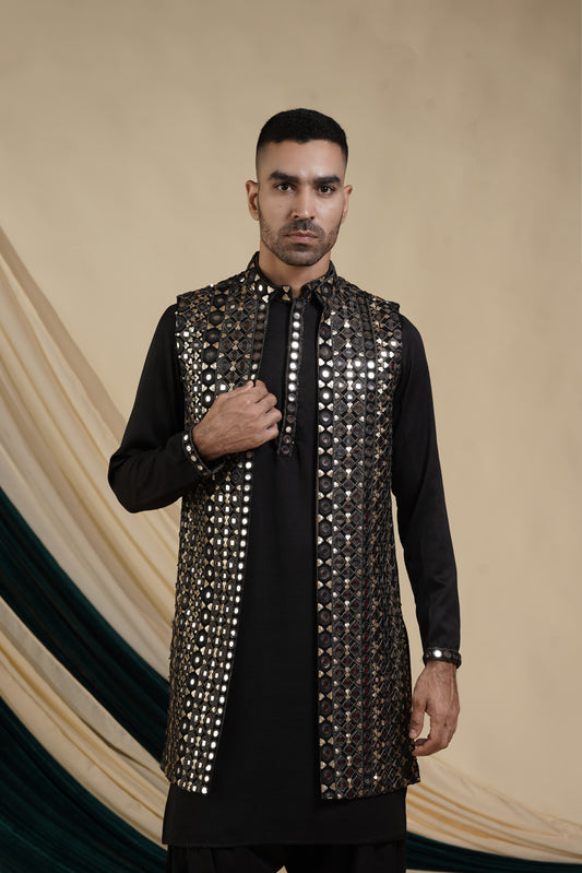 Black Georgette With Sequins And Mirror Work Kurta Set With Jacket