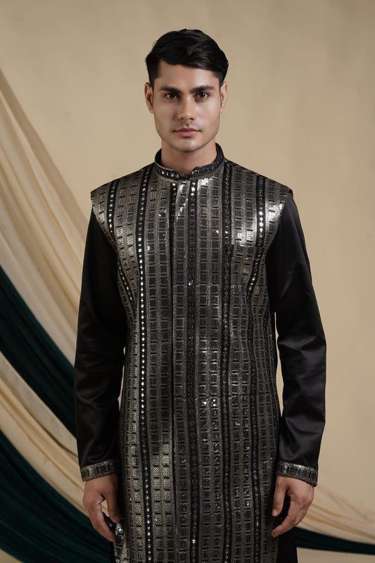 Black Georgette Sequins And Mirror Work jacket With Malai Silk Kurta Set