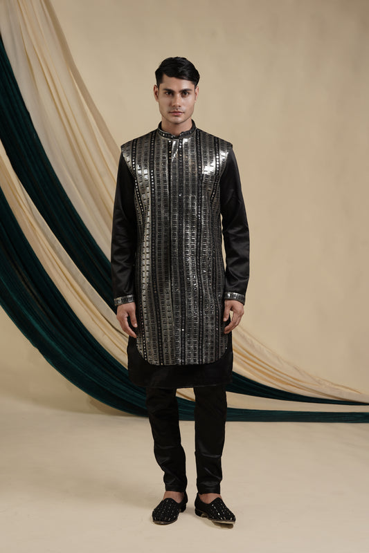 Black Georgette Sequins And Mirror Work jacket With Malai Silk Kurta Set