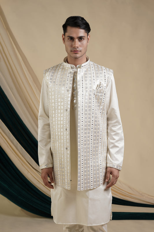 Off White Georgette Sequins And Mirror Work Jacket With Malai Silk Kurta Set