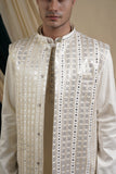 Off White Georgette Sequins And Mirror Work Jacket With Malai Silk Kurta Set