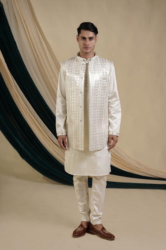 Off White Georgette Sequins And Mirror Work Jacket With Malai Silk Kurta Set