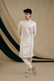 Off White Silk With Threadwork And Mirror Work v Neck Kurta Set