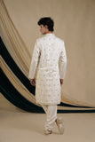 Off White Silk With Threadwork And Mirror Work v Neck Kurta Set