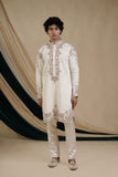 Off White Fendi With Gold Zari Neck Embroidery Kurta Set