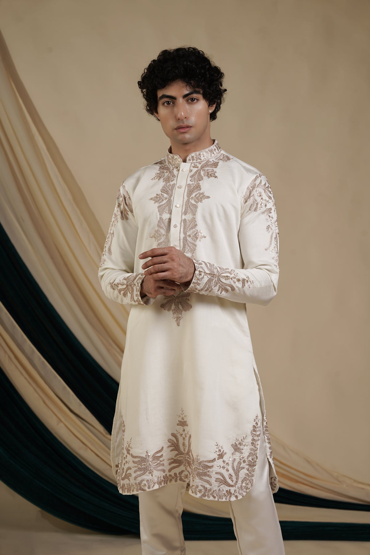 Off White Fendi With Gold Zari Neck Embroidery Kurta Set