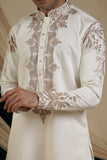 Off White Fendi With Gold Zari Neck Embroidery Kurta Set