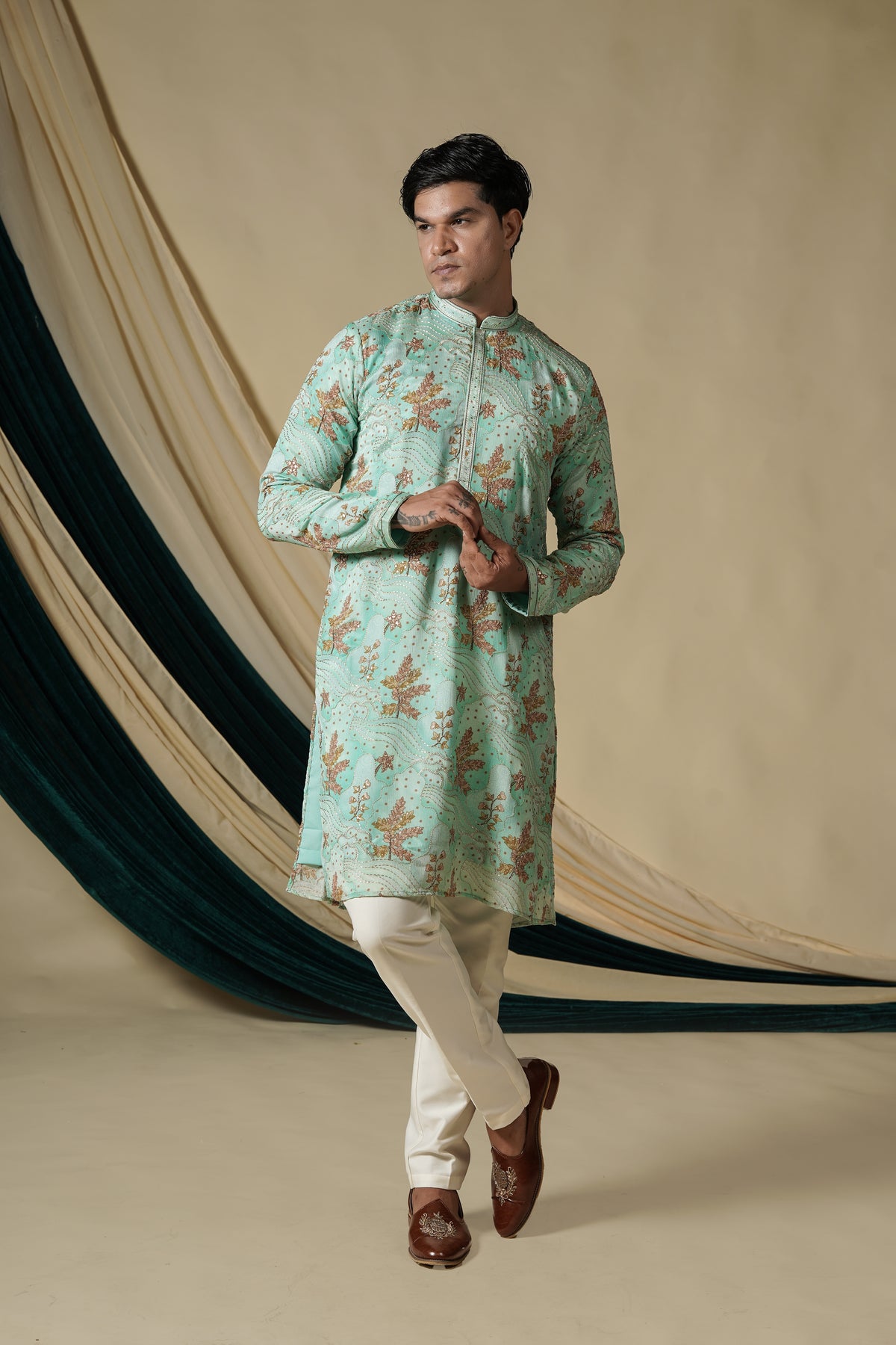 Pista Chinnon With Gold Zari Threadwork Embroidery Kurta Set