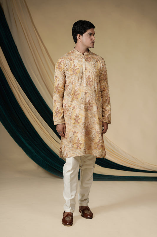 Beige Chinnon With Gold Zari Threadwork Embroidery Kurta Set