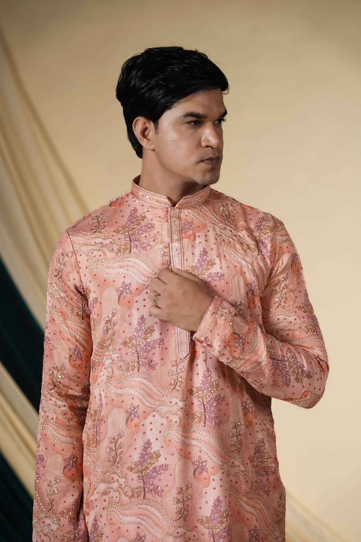 Peach Chinnon With Gold Zari Threadwork Embroidery Kurta Set