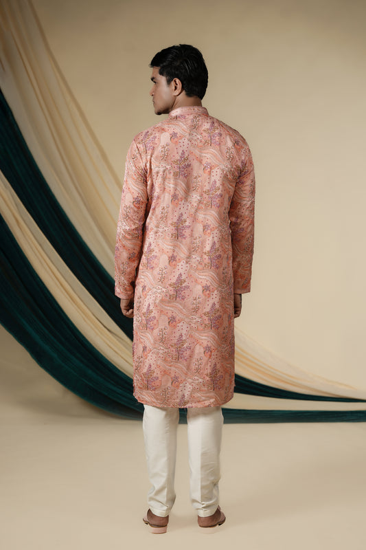 Peach Chinnon With Gold Zari Threadwork Embroidery Kurta Set