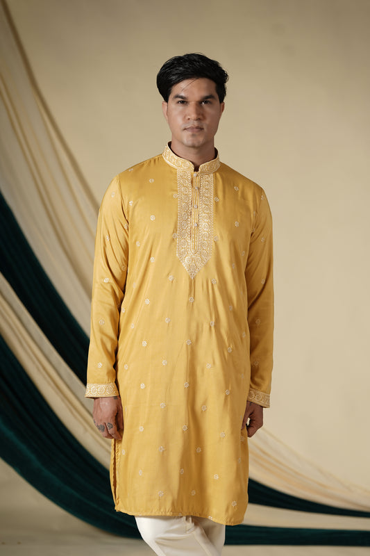 Mustard Rayon With Threadwork Embroidery V Neck Kurta Set