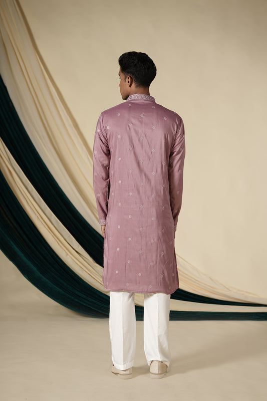 Onion Pink Rayon With Threadwork Embroidery Kurta Set