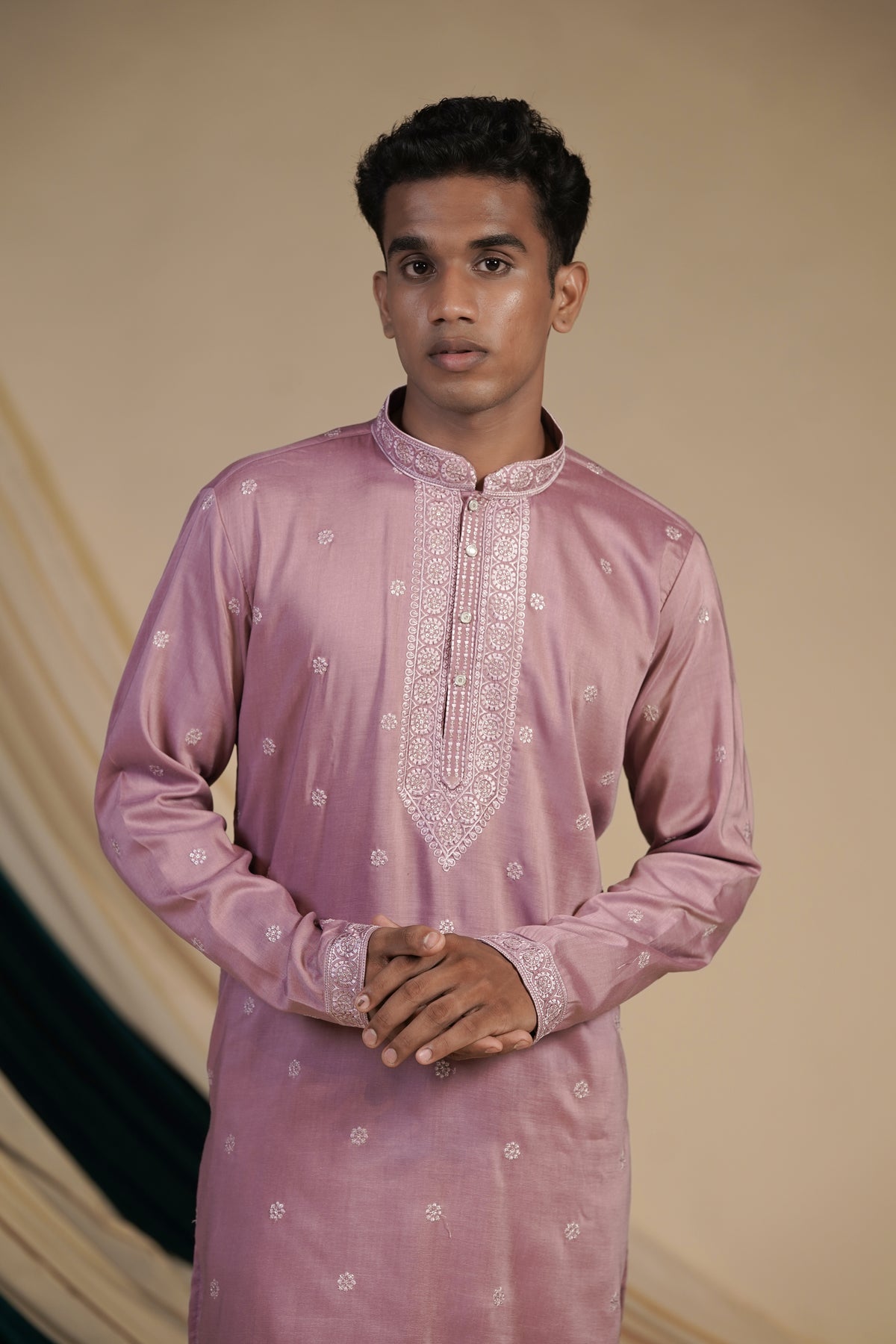 Onion Pink Rayon With Threadwork Embroidery Kurta Set