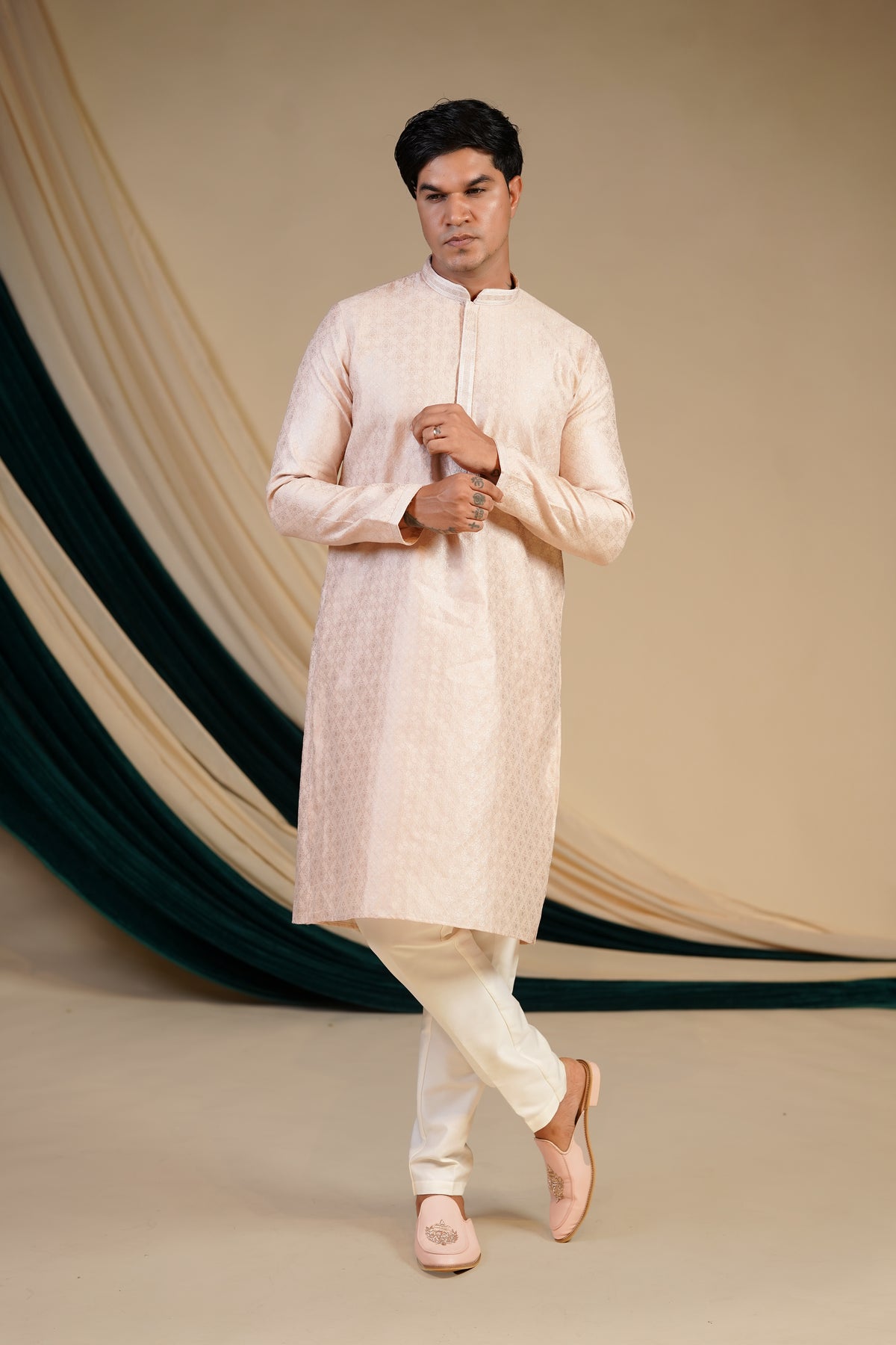 Light Pink Jacquard With Self Zari Butti Kurta Set