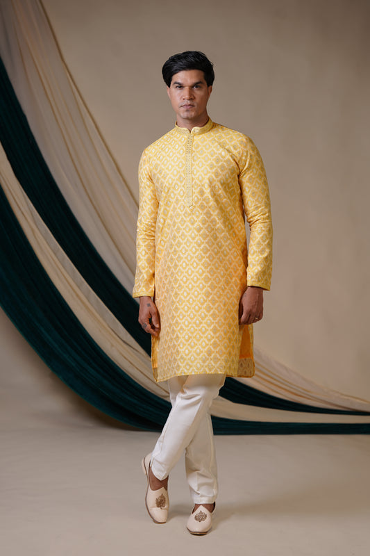 Yellow Jacquard With Gold Zari Butti print