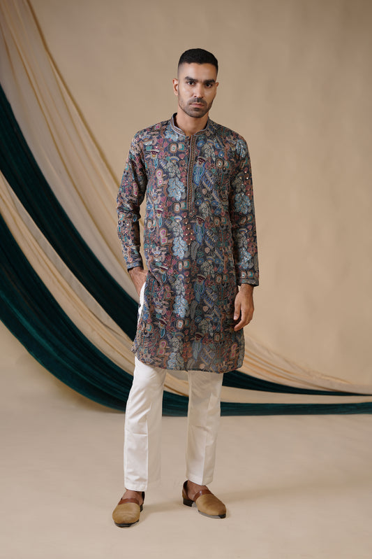 Rama Blue Georgette and Pink Floral Print Kurta Set