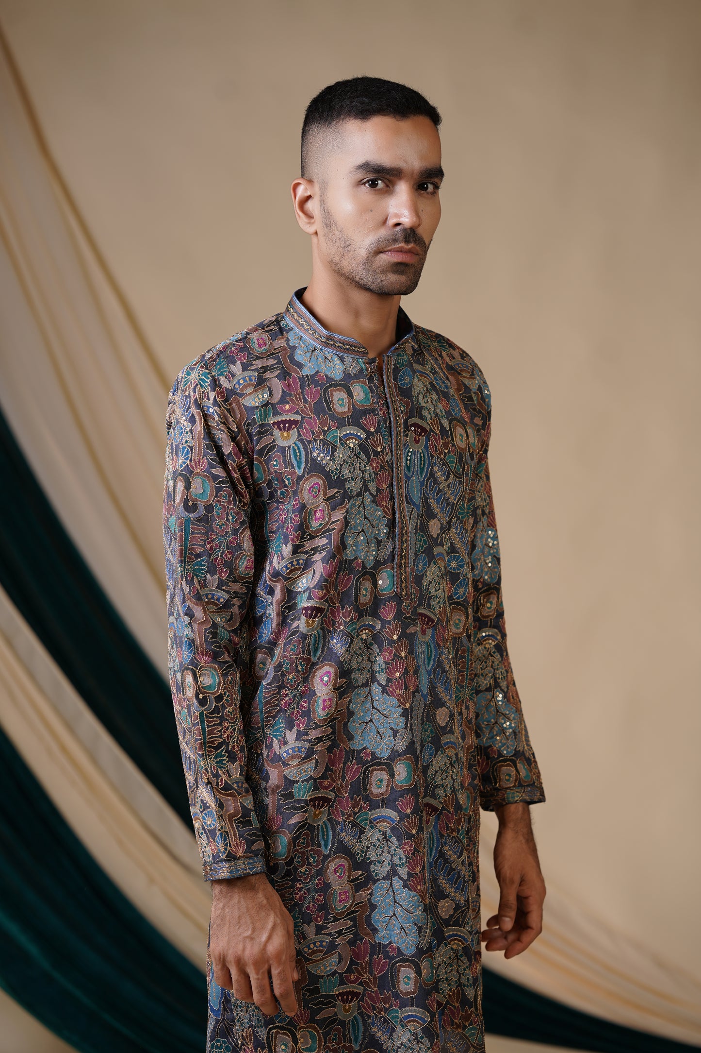 Rama Blue Georgette and Pink Floral Print Kurta Set