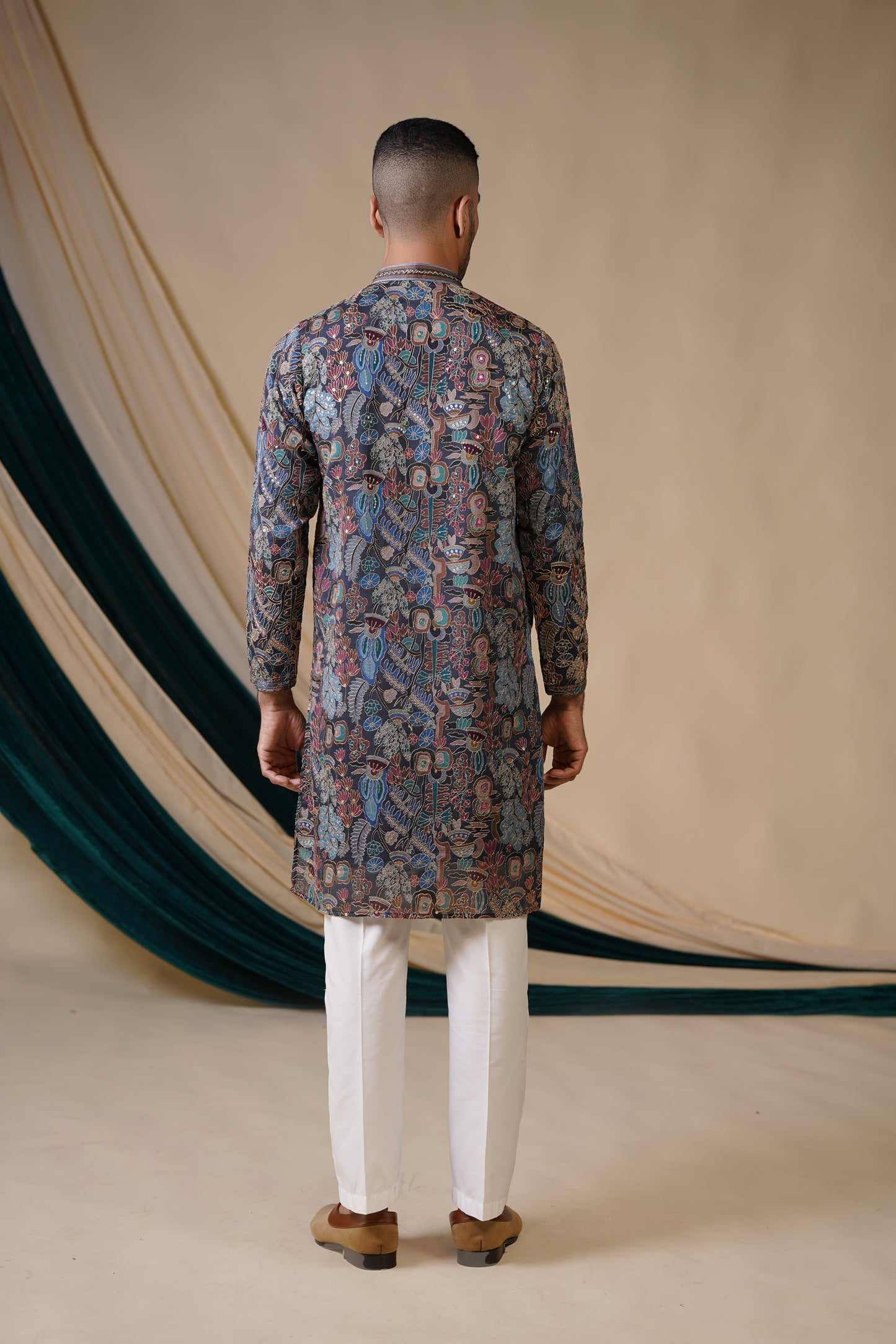 Rama Blue Georgette and Pink Floral Print Kurta Set