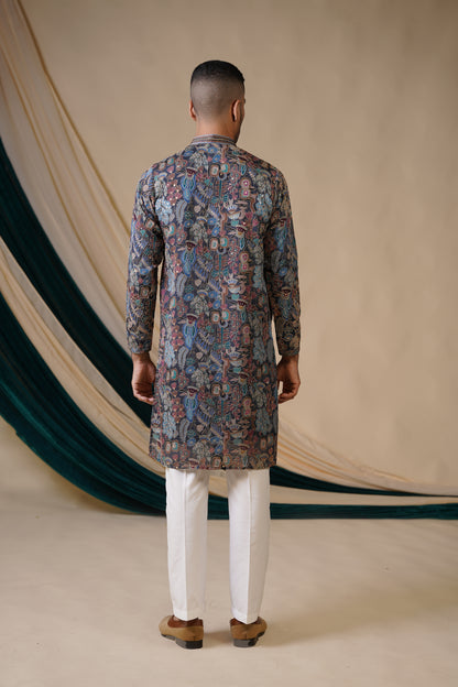 Rama Blue Georgette and Pink Floral Print Kurta Set