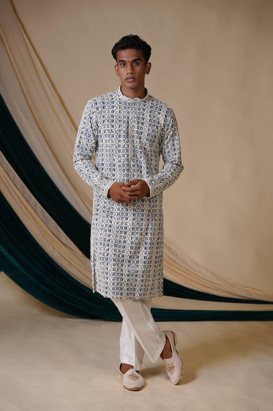 Blue Rayon Printed Sequins With White Threadwork Kurta Set