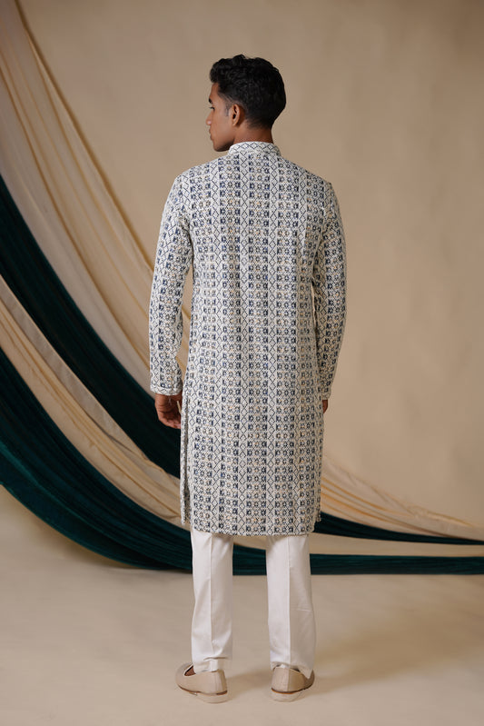 Blue Rayon Printed Sequins With White Threadwork Kurta Set