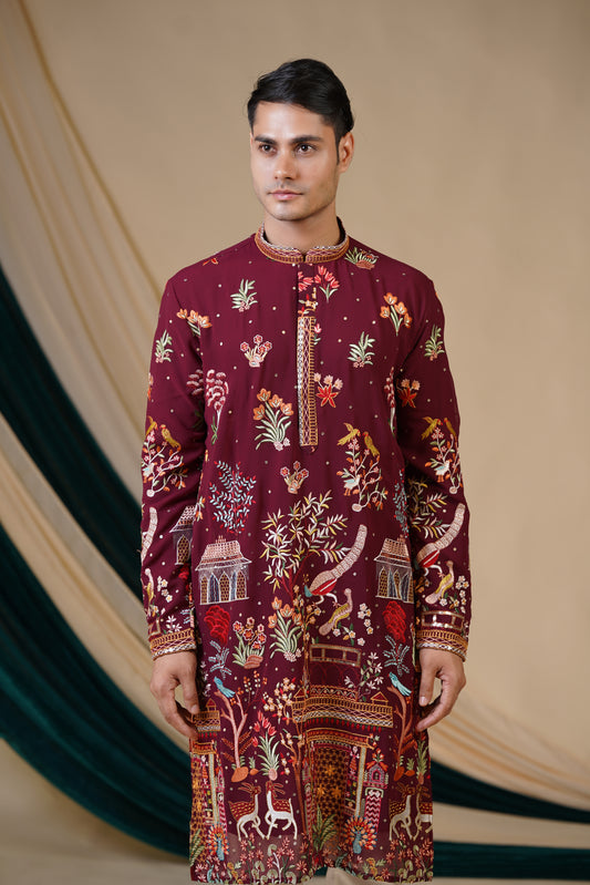 Maroon Georgette With Floral Multicolour Threadwork Kurta Set