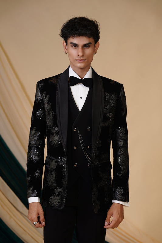 Black Elegant Ensemble crafted on Black velvet with Grey Tuxedo Set