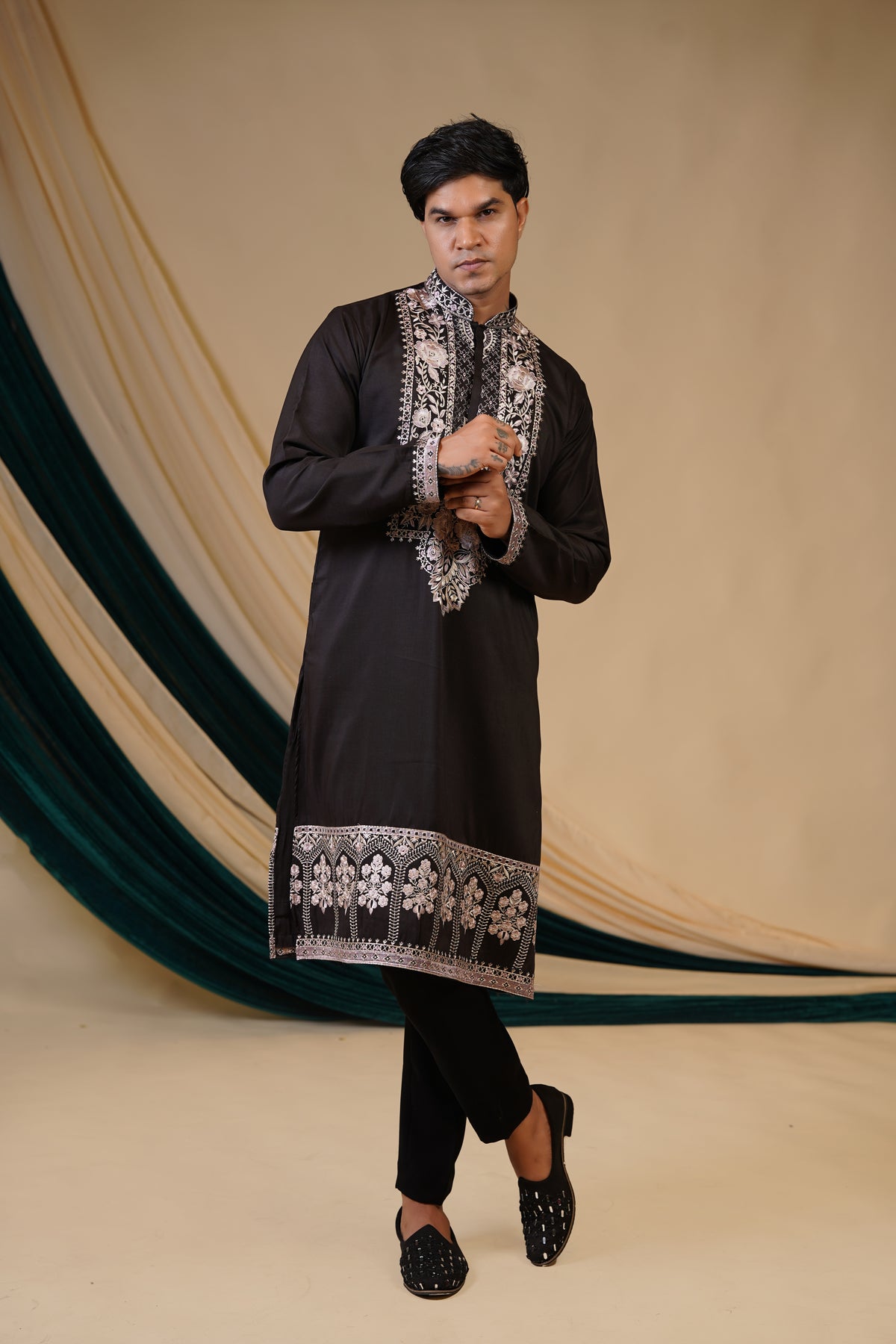 Black Fendi White Threadwork Kurta Set