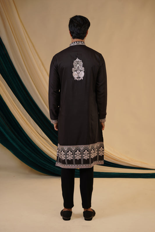 Black Fendi White Threadwork Kurta Set