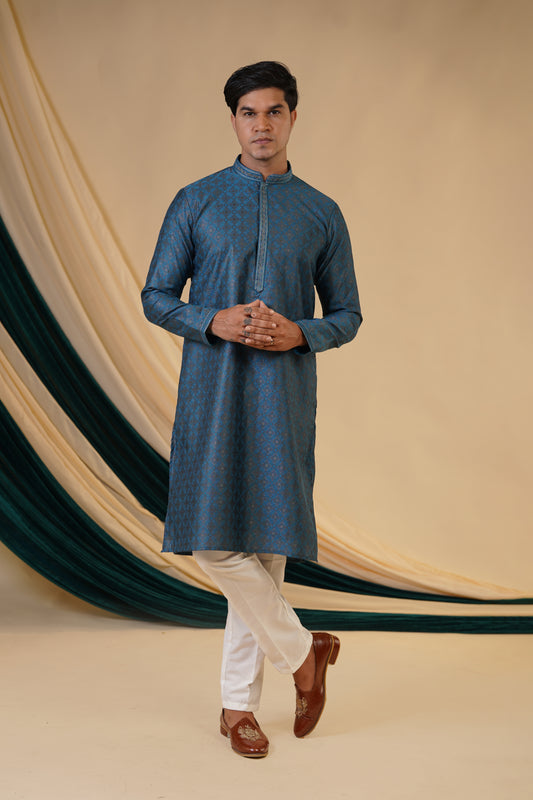 Blue Jacquard With Self Zari Butti  Print Kurta Set