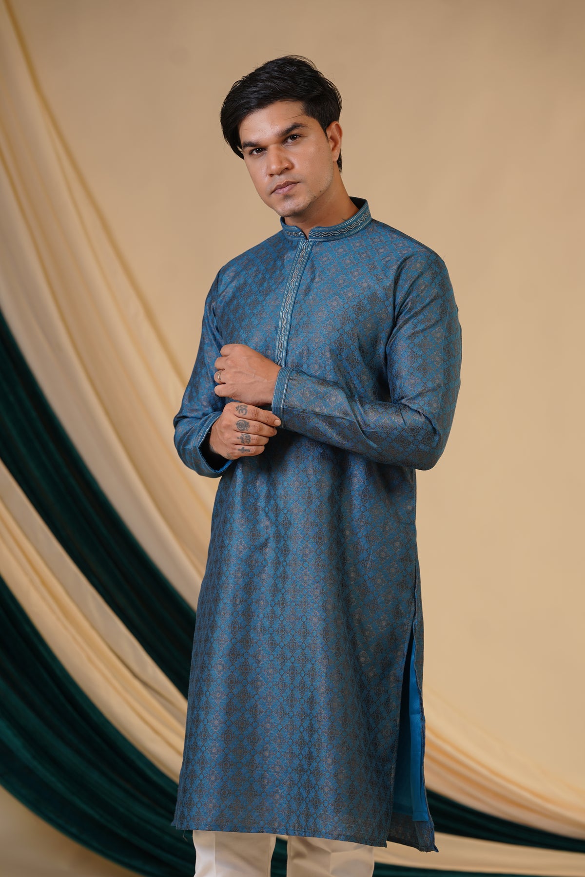 Blue Jacquard With Self Zari Butti  Print Kurta Set