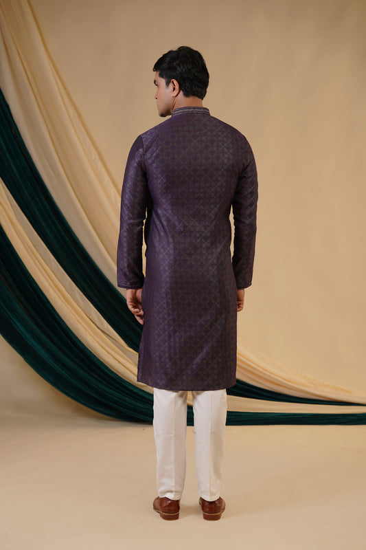 Wine Jacquard With Self Zari Butti Print Kurta Set