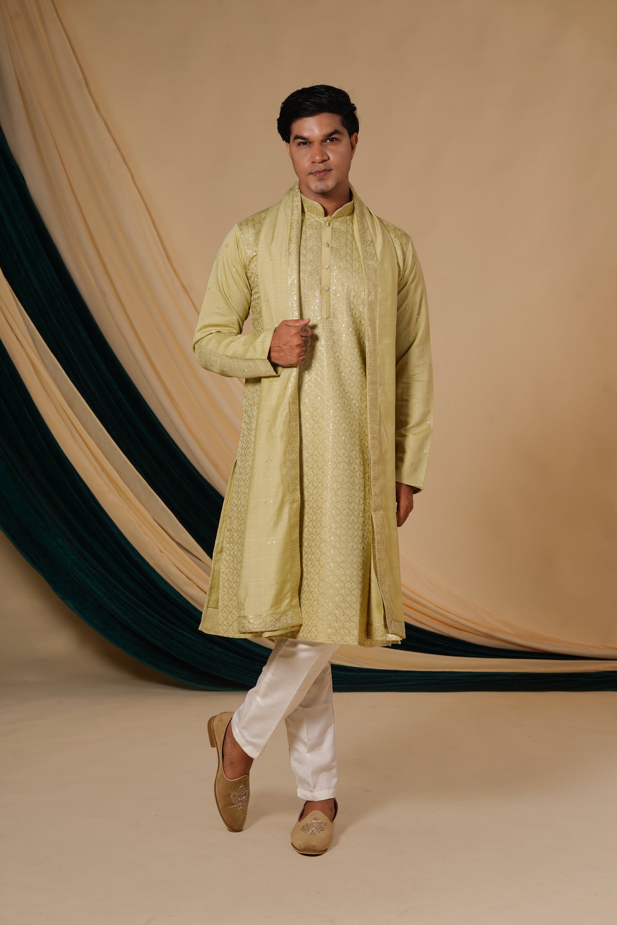 Green Slub Cotton Gold Foil Work  Embroidery Kurta Set