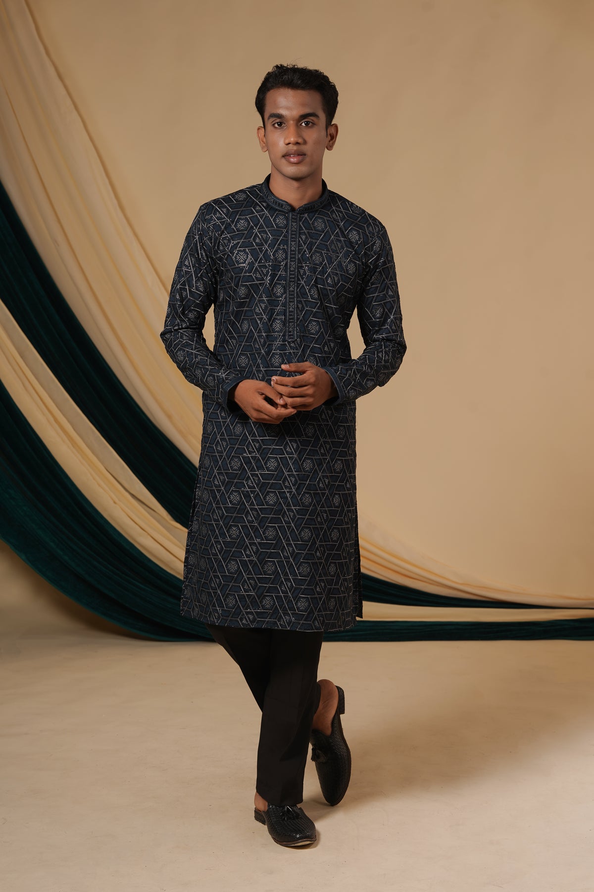 Dark Green Chinnon With Black zari Threadwork Kurta Set