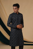 Dark Green Chinnon With Black zari Threadwork Kurta Set