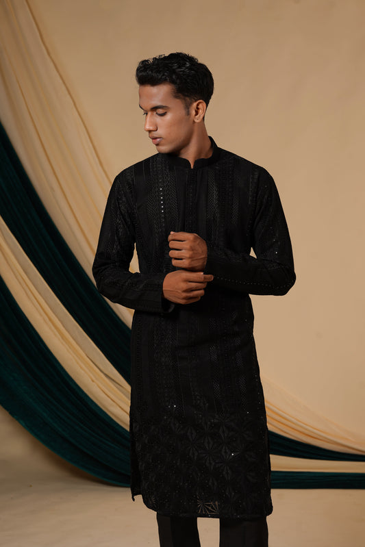 Black Sequins With Threadwork  Embroidery Kurta Set