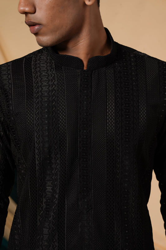 Black Sequins With Threadwork  Embroidery Kurta Set