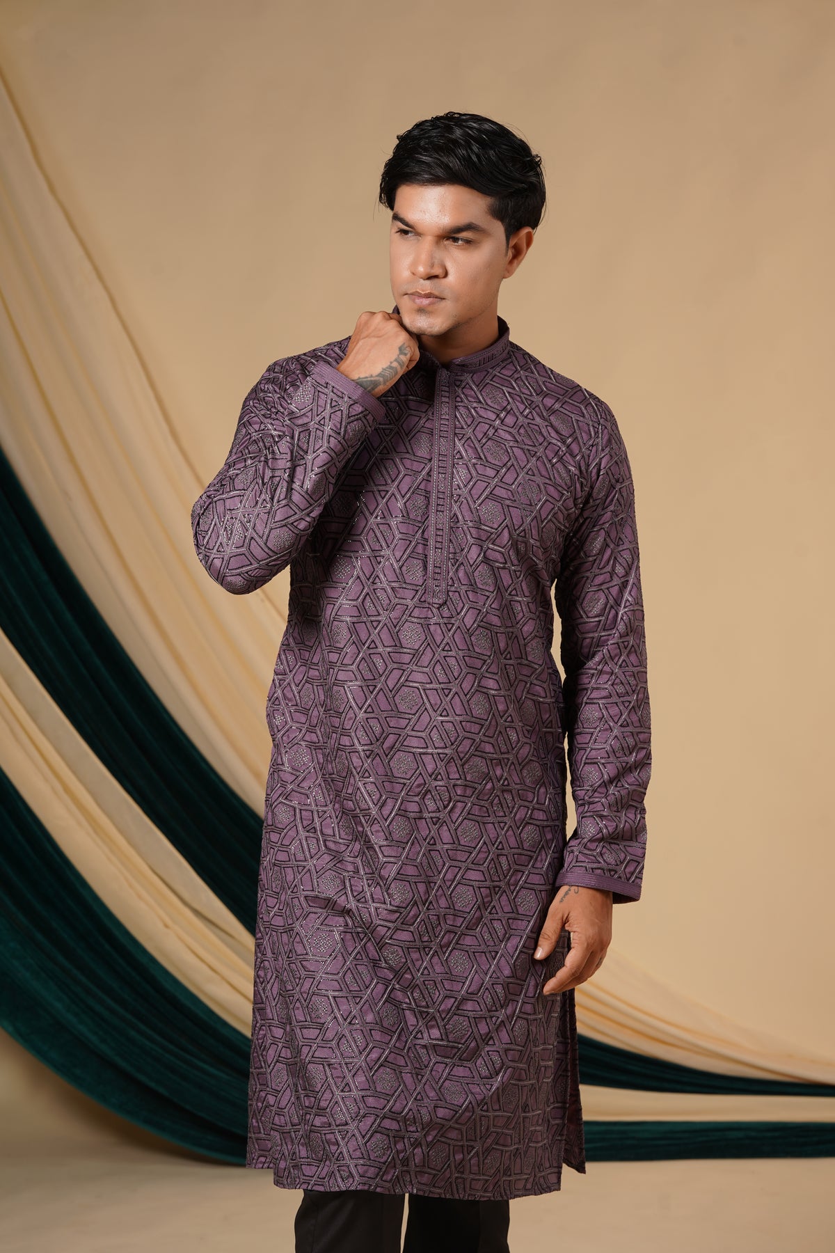 Purple Chinnon Black Zari Embroidery Kurta Set