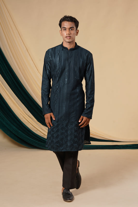 Rama Blue Sequins Threadwork Kurta Set