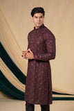 Wine Chinnon Black Zari Threadwork Kurta Set