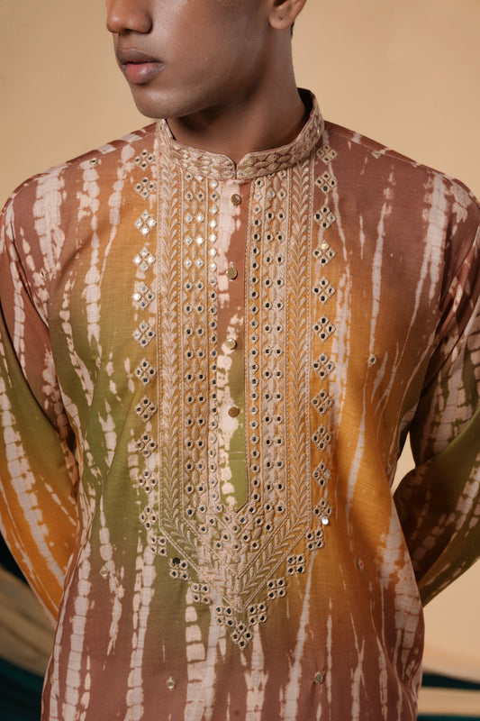 Light Brown Rayon Fabric With Multicolour Print Kurta Set