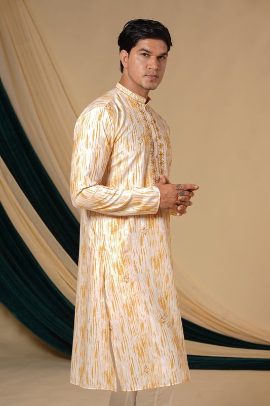 Yellow Silk Digital Print Embroidery Kurta Set