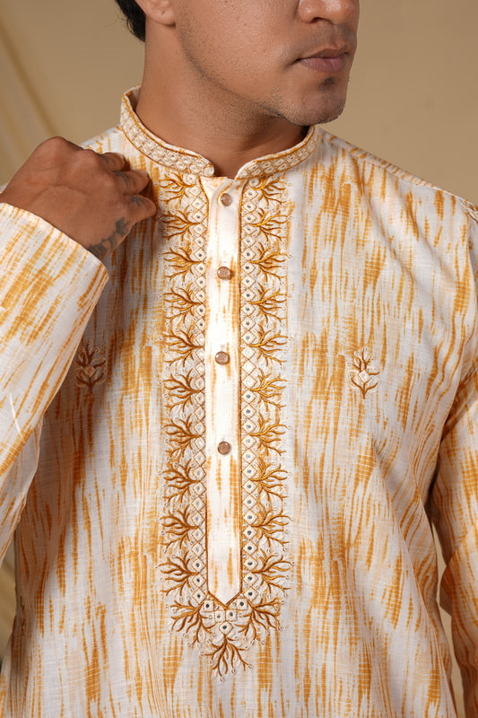 Yellow Silk Digital Print Embroidery Kurta Set